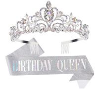 Couronne d'anniversaire Écharpe Anniversaire Argent Birthday Girl Satin Sash Diadème Tiara en Cristal 13 Ans, 15 Ans, 16 Ans, 18 Ans, 21 Ans couronne de princesse cheveux pour Fille Femme