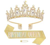Couronne d'anniversaire Écharpe Anniversaire Or Birthday Queen Sash Diadème Tiara en Cristal 30 Ans, 40 Ans, 50 Ans, 60 Ans,80 Ans couronne de princesse cheveux pour Fille Femme