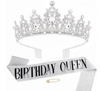 Couronne d'anniversaire Écharpe Argent Décorations Anniversaire Birthday Girl Sash Birthday Queen écharpe Et Tiare Diadème en Cristal 30 Ans, 40 Ans, 50 Ans, 60 Ans,80 Ans couronne pour Fille Femme