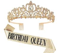 Couronne d'anniversaire Écharpe Or Décorations Anniversaire Birthday Girl Sash Birthday Queen écharpe Et Tiare Diadème en Cristal 30 Ans, 40 Ans, 50 Ans, 60 Ans,80 Ans couronne pour Fille Femme