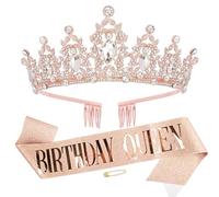 Couronne d'anniversaire Écharpe Rose Or Décorations Anniversaire Birthday Girl Sash Birthday Queen écharpe Et Tiare Diadème en Cristal 30 Ans, 40 Ans, 50 Ans, 60 Ans,80 Ans couronne pour Fille Femme