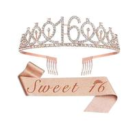 Couronne d'anniversaire pour fille - Sweet 16, décoration 16 ans pour fille - Décoration d'anniversaire de 10 ans - Cadeau de princesse - Bandeau et écharpe pour cadeau de fête