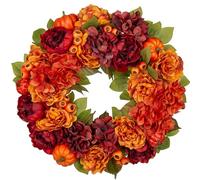 Couronne d'automne artificielle de 61 cm avec pivoine, hortensia et citrouille d'automne, couronne de porte artificielle pour Halloween, Thanksgiving, idées de couronne pour votre porte d'entrée,