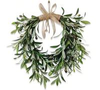 Couronne de 40 cm en forme de cœur avec feuilles et fruits d'olivier - Branches vertes d'olivier réalistes avec accents floraux printaniers, style campagnard pour décoration murale, porte, fenêtre, ar