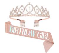 Couronne de Ceinture D'anniversaire Ensemble,Kit de Couronne Anniversaire Birthday Girl,Couronnes et Diadème en Strass Diadèmes et Écharpes Anniversaire Fille pour Décoration Cadeau (Or Rose)