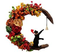 Couronne De Chat Et Lune D'Halloween - Bois, Tissu Non-Tissé, PP 35x38x5cm | Guirlande Artificielle D'Automne Pour Porte D'Entrée | Décoration Suspendue De Fête Pour Maison, Porche, Salon, Fête Et Mis
