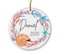 Couronne de corail personnalisée en coquillages 2025, décoration en céramique de l'océan nautique, ornements de coquillages d'océan, souvenir de Noël sur le thème marin côtier, décoration d'arbre de