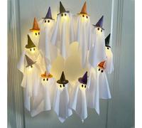 Couronne de fantômes d'Halloween à 12 LED - Petite couronne de fantôme blanche lumineuse à suspendre pour porte d'entrée, décoration d'intérieur et d'extérieur, mur, fenêtre, porche, terrasse, jardin