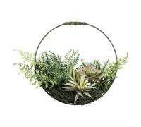 Couronne de fil de fer décorative Ø 35 cm en vert avec des herbes artificielles et des plantes succulentes à suspendre