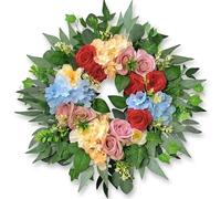 Couronne de Fleurs Artificielles 60cm pour Porte d'entrée - Roses Rouges & Roses avec Hydrangéas Bleus - Couronne Printemps Été Décoration Murale Fenêtre Mariage Maison - Guirlande Florale