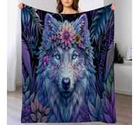 Couronne De Fleurs Au Clair De Lune Loup Bleu Marine Illustrations d'animaux Imprimée Moelleuse,Douce Et Confortable Couverture en Peluche Adaptée Au Canapé-Lit 150X200Cm