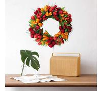 Couronne de Fleurs de Couronne de Tulipe pour Porte D'entrée, Couronne Florale Faite à la Main de Fleurs Artificielles, Couronne de Guirlande de Printemps Ronde de Simulation pour la(Rouge jaune)