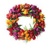 Couronne de Fleurs de Couronne de Tulipe pour Porte D'entrée, Couronne Florale Faite à la Main de Fleurs Artificielles, Couronne de Guirlande de Printemps Ronde de Simulation(Rouge Jaune Violet)