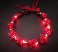 Couronne de Fleurs LED Bandeau Cheveux Femme Couronne de Fleurs LED Lumineux Chouchou Bandeaus Garland Bandeau de Fleur, pour Filles, Mariage, Noël, Pâques, Fêtes, Festival (Rouge)