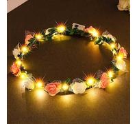 Couronne de Fleurs LED Bandeau Cheveux Femme Couronne de Fleurs LED Lumineux Chouchou Bandeaus Garland Bandeau de Fleur, pour Filles, Mariage, Noël, Pâques, Fêtes, Festival (Rose blanc)