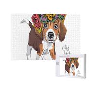 Couronne de Fleurs pour Chiot Beagle,Puzzle Familial en Bois de 1 000 pièces pour Adultes et Adolescents, décoration d'intérieur