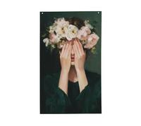 Couronne de fleurs pour femme couvrant le visage de la cour, drapeaux de maison, bannière de vœux de saison avec œillets, décoration d'intérieur et d'extérieur