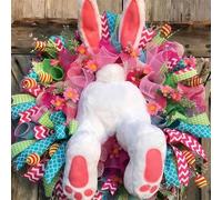 Couronne de Lapin de Pâques pour Porte d'entrée, Lapin Voleur de Printemps avec Oreilles, Guirlande en Peluche, décoration de Bienvenue intérieure et extérieure pour Porte, Mur, fenêtre, Porche Pink