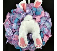 Couronne de Lapin de Pâques pour Porte d'entrée, Lapin Voleur de Printemps avec Oreilles, Guirlande en Peluche, décoration de Bienvenue intérieure et extérieure pour Porte, Mur, fenêtre, Porch Purple