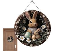 Couronne de lapin de porte, panneau de Pâques en bois, panneau de lapin de Pâques, design résistant aux intempéries, thème printanier, 23 x 23 cm, pour porte d'entrée, fenêtre, mur, voisins