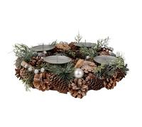 Couronne de l'Avent de Noël en Plusieurs matériaux avec décoration argenté/Vert/Marron pour Bougies diamètre 34 cm