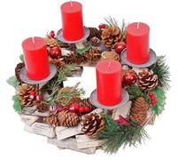 Couronne de l'Avent HWC-H49, Décoration de Noël Arrangement de l'Avent Arrangement de Noël, bois rond Ø 33cm ~ incl. 4x bougies rouges