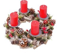 Couronne de l'Avent HWC-H50, Décoration de Noël Arrangement de l'Avent Arrangement de Noël, bois rond Ø 33cm MVG ~ incl. 4x bougies rouges