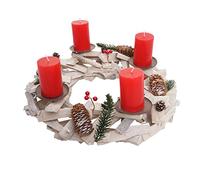 Couronne de l'Avent Ronde Bois Ø 40cm, Blanc Gris avec des Bougies Rouge
