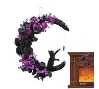 Couronne de lune - Couronne de lune pour,Décorations d'Halloween de chat, Décoration murale de chat noir mignon pour fenêtre extérieure Front Door Wall Art