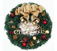 Couronne de Noël 30 cm, Guirlande de Porte avec Boule de Noël Fleur de Noël Bow Berry pour Porte D'entrée, Cheminée et Décoration Murale Intérieur Extérieur- Rouge Vert