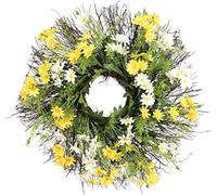 Couronne de Noël, Anneau de Fleurs de Noël, couronnes de Noël pour Ornements muraux de Porte d'entrée, Fleur Artificielle Florale Jaune Blanche, Marguerite Rustique, Couronne de Fleurs en Soie,