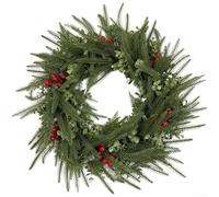 Couronne de Noël artificielle en pin Norfolk avec baies rouges en forme de cœur avec feuillage texturé réaliste, matériau léger pour décoration festive