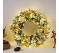 Couronne De Noël Artificielle for Porte D'entrée, Décoration Murale avec Lumières LED, Pommes De Pin, Fleurs, Adaptée À La Décoration De La Maison d'automne De Noël(Gold)