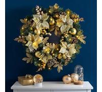 Couronne de Noël Artificielle pré-éclairée, Guirlande au Toucher réel, avec Pommes pin, Boule Rouge, Fleur, décorations for Mur Porte et cheminée(Gold,60cm/23.6in)