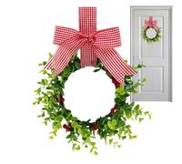 Couronne de Noël avec ruban, couronne de Noël de ferme avec nœud à carreaux de 11,81 pouces, décoration de Noël en végétation artificielle pour porte d'entrée de fenêtre de la balustrade