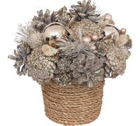 Couronne de Noël composée de pommes de pin et de boules de Noël dans un pot en osier, 19 cm