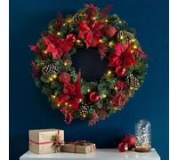 Couronne de Noël, Couronne de Noël Artificielle pré-éclairée, Guirlande au Toucher réel, avec Pommes pin, Boule Rouge, Fleur, décorations for Mur Porte et cheminée(Red,80cm/31.4in)