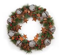 Couronne de Noël de 40 cm avec clochettes argentées, étoiles, Pommes de pin, Baies et Feuilles pour extérieur, Maison, Bureau, cheminée