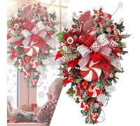 Couronne de Noël en canne à sucre pour porte d'entrée extérieure, couronne de canne à sucre rouge et blanche en forme de larme, décorations d'escalier de Noël, ornements de boules de Noël pour la déco