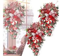 Couronne de Noël en canne à sucre pour porte d'entrée extérieure, couronne de canne à sucre rouge et blanche en forme de larme, décorations d'escalier de Noël, ornements de boules de Noël pour la déco