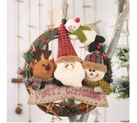 Couronne de Noël en rotin de 30 cm avec décoration de porte et anneau à suspendre avec joli bonhomme de neige et renne