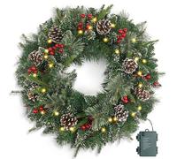 Couronne de Noël enneigée pré-éclairée de 61 cm avec 50 lumières et Pommes de pin, couronnes de Noël artificielles pour Porte d'entrée avec lumières, Couronne pour décoration de Noël, Porte, fenêtre,