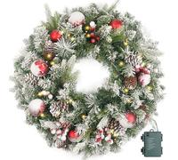 Couronne de Noël floquée pré-éclairée de 61 cm avec 50 pommes de pin lumineuses et boules rouges pour porte d'entrée avec lumières, couronne de Noël pour décoration de Noël, porte, fenêtre, mur (vert)