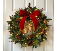 Couronne de Noël, Guirlande de Noël avec lumières, guirlandes 19,6 Pouces for la décoration, Pommes pin, Baies Rouges, Cloche, nœud, Guirlande Vacances for Porte, fenêtre, Mur(50cm/19.6in)
