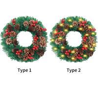 Couronne de Noël LED avec éclairage à piles Cones de pin Fruits rouges Guirlande suspendue de Noël Joyeux Noël Couronne artificielle pour porte d'entrée Décoration murale de fête