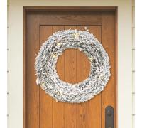 Couronne de Noël lumineuse à DEL à suspendre au mur | Couronne de Noël pré-éclairée à piles (Rattan et feuilles de pin blanches neigeuses, 30 cm avec 20 LED)
