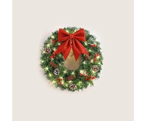 Couronne de Noël pour porte d'entrée, 50/60 cm, décorée de pommes de pin, grappes de baies, avec lumières LED, c'est un choix idéal pour les décorations de Noël et de vacances, 002,50 cm