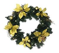Couronne de Noël pour porte d'entrée - 60 cm - Couronne de l'Avent artificielle avec lumières LED - Couronne de porte de Noël extérieure avec boules dorées et fleurs - Couronne décorative verte pour