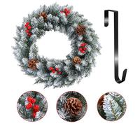 Couronne de Noël pour porte d'entrée avec crochet - Décoration de Noël avec pomme de pin et baies rouges artificielles - Décoration de Noël pour intérieur et extérieur (vert-3, 40 cm)