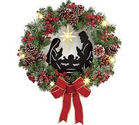 Couronne de Noël pour porte d'entrée, couronne de porte de Noël avec pomme de pin Jésus rouge et baies rouges, scène de la Nativité avec guirlande lumineuse LED pour cheminée, décoration de Noël (40